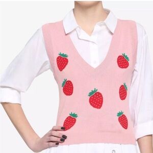 Hot Topic Pink Strawberry Sweater Vest Y2K Cottagecore V Neck Knit